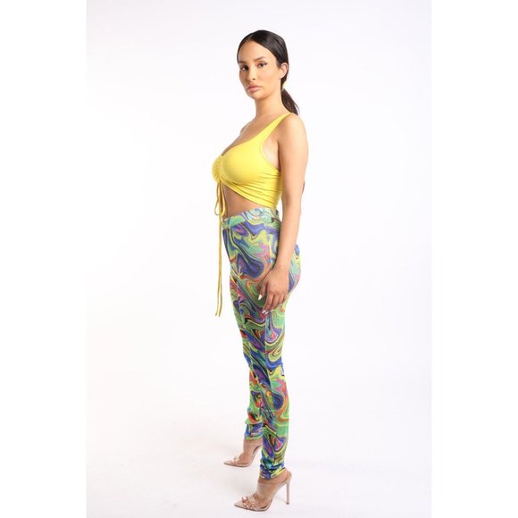 Women's Sexy Ruched Front Top & Matching Printed Fishnet Leggings 2 Pieces Set - Picture 6 of 6